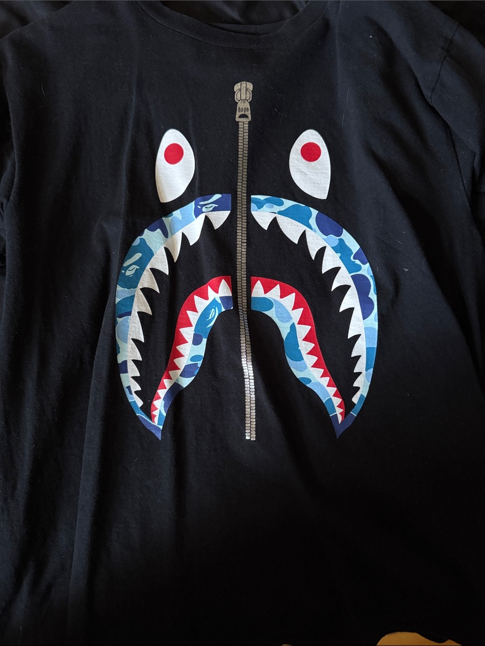 Bape Black Shark Tee with Blue Camouflage and Red Accents